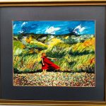 Colourful landscape painting by Sam Scott featuring a figure in red walking through a windswept coastal scene