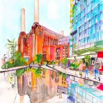 Colourful watercolour of Battersea Power Station in London by artist Sam Scott