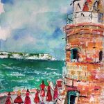 Mixed media coastal artwork by Sam Scott featuring dancers beside a lighthouse and turquoise sea