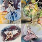 Four expressive ballet dancer studies by Sam Scott created with pastel and mixed drawing media