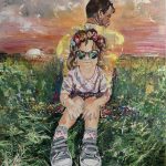 Figurative painting by Sam Scott featuring a young girl and man within a colourful landscape at sunset