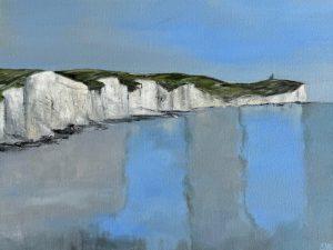 Coastal painting by Sue Houghton depicting a sweeping line of white chalk cliffs beside calm blue water beneath a clear sky.