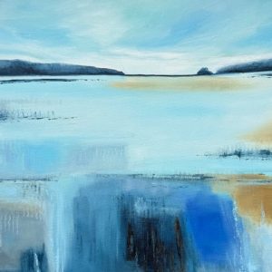 Abstract landscape painting by Sue Houghton featuring expansive layers of pale blue water with deep blue and earthy reflections.