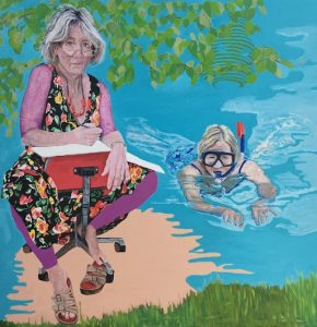 Colourful figurative painting by Vicky Brand showing an older woman seated beside a swimming pool while another woman swims wearing a snorkel mask.