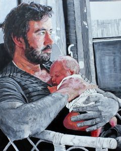 Portrait painting by Vicky Brand depicting a bearded father gently holding a sleeping newborn baby against his chest.