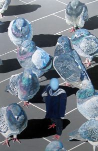 Figurative painting by Vicky Brand showing a small seated human figure surrounded by a gathering of detailed blue-grey pigeons.