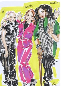 Colourful fashion illustration by Kent artist Zoe Parker featuring three contemporary figures in bold designer outfits.