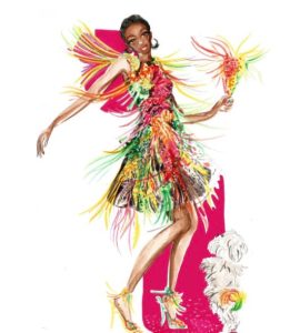 Colourful fashion illustration by Kent artist Zoe Parker featuring a figure in a vibrant feathered dress.